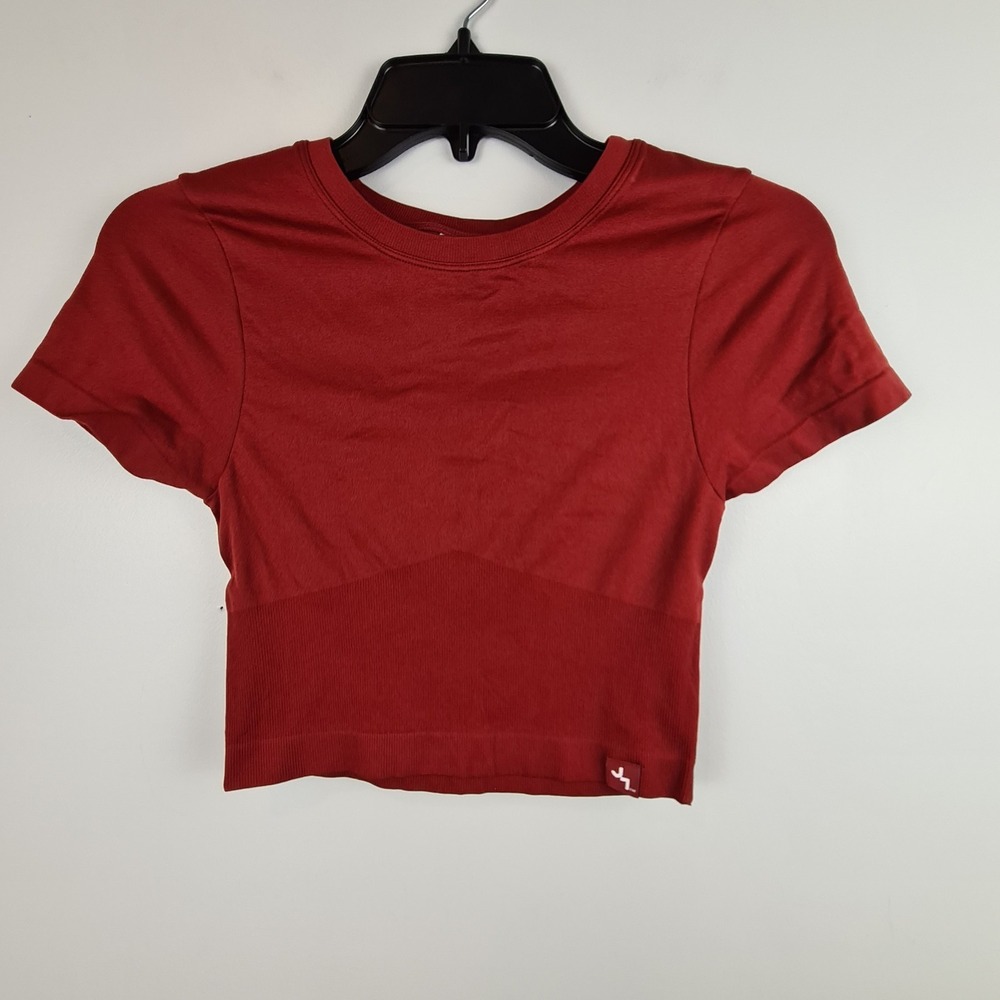 JoyLab Women's Burgundy‎ Cropped Short Sleeve Athletic Top Shirt XS Back Detail